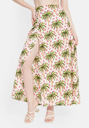 Gonna lunga con un motivo di palme rosa e bianche e geometrico. Presenta uno spacco alto finoalla coscia. Realizzata in tessuto leggero.