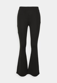 Svart flare leggings i elastiskt material, med en slät yta och en bred midjeband. Hela nederkanten är rundad. Inga synliga mönster eller detaljer.
