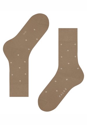 Beige sokken met een gladde textuur en gelijkmatig verdeelde lichtgekleurde stippen. Voorzien van versterkte tenen en een comfortabele geribbelde boorden.