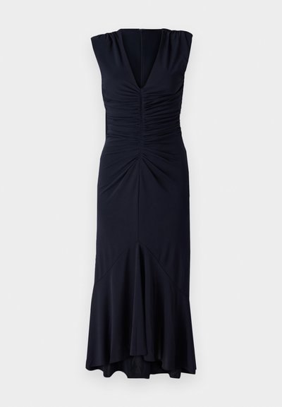 Navy blue dress with a V-neck, cap sleeves, and gathered detailing at the waist, featuring a flared hem and a zipper closure at the back.