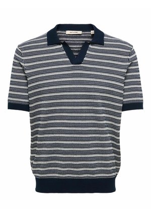 Pletené polokošeľa s krátkym rukávom v námorníckej modrej a bielej farbe s vertikálnym pruhovaným vzorom, s vrúbkovaným golierom, manžetami a lemom.