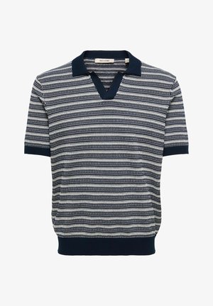 Pletené polokošeľa s krátkym rukávom v námorníckej modrej a bielej farbe s vertikálnym pruhovaným vzorom, s vrúbkovaným golierom, manžetami a lemom.