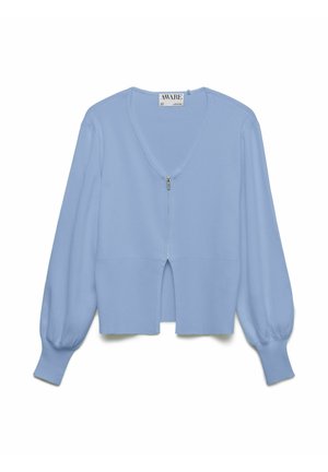 Cardigan bleu clair à manches longues avec fermeture éclair à l'avant, col en V et larges poignets, disposé à plat sur un fond blanc.