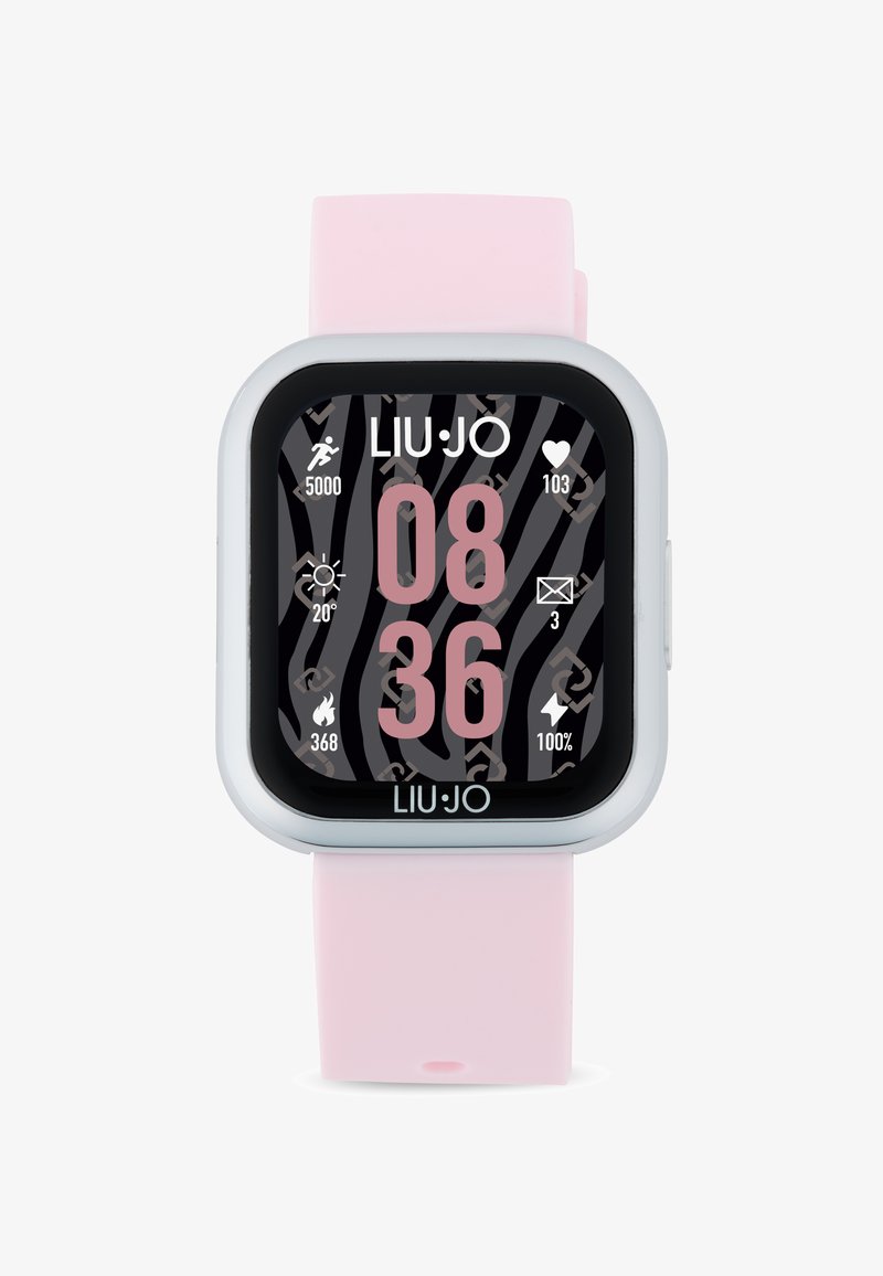 Vierkant smartwatch met een roze siliconen band, met een zwart scherm dat een zebrapatroon toont, digitale tijd en gezondheidsmetingen.