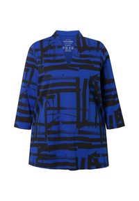 Blaues Tunikaoberteil mit V-Ausschnitt und 3/4-Ärmeln, verziert mit einem schwarzen geometrischen Muster und feinen Linien über den Stoff.