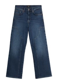 Jeans in denim a gamba larga di colore blu scuro. Caratteristiche includono taglio dritto, due tasche frontali, cuciture discrete e una texture liscia.