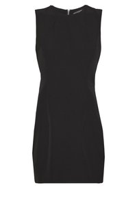 Robe noire sans manches avec une silhouette ajustée, un tissu texturé et une fermeture éclair au dos. Design minimaliste sans embellissements supplémentaires.