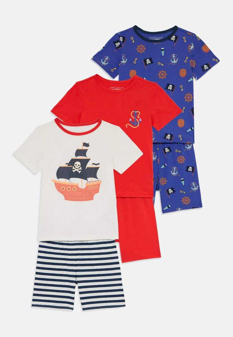Set di quattro pigiami per bambini realizzati in tessuto di cotone. La palette di colori include rosso, blu e bianco, con grafiche a tema pirata e righe.