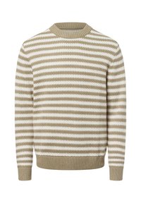 Strickpullover mit Rundhalsausschnitt und horizontalen Streifen in Beige und Weiß. Verfügt über gerippte Bündchen und einen gerippten Saum sowie einen strukturierten Stoff.