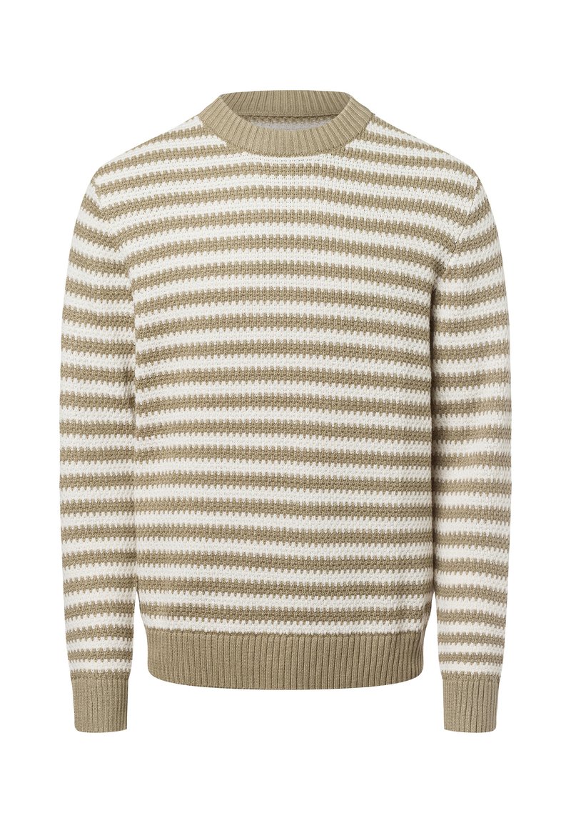 Strickpullover mit Rundhalsausschnitt und horizontalen Streifen in Beige und Weiß. Verfügt über gerippte Bündchen und einen gerippten Saum sowie einen strukturierten Stoff.