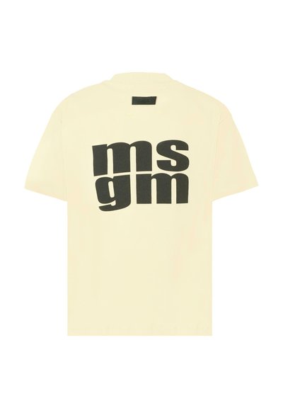 T-shirt in cotone beige chiaro con maniche corte e scollo rotondo. Presenta la scritta audace "ms gm" in nero sul retro.