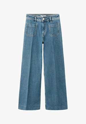 Niebieskie dżinsy z wysokim stanem i szerokimi nogawkami, z przednimi naszywanymi kieszeniami, szlufkami na pasek, zapięciem na guzik i suwak.