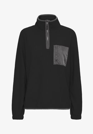 Mustmustest ringi ja poolkattega, millel on kontrastne hall tõmbluku tasku rinna peal ja elastsed mansetid.