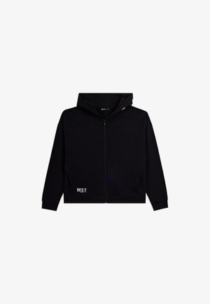 Sweat à capuche noir zippé avec poches avant, manches longues et texte "MST" sur le côté inférieur gauche.