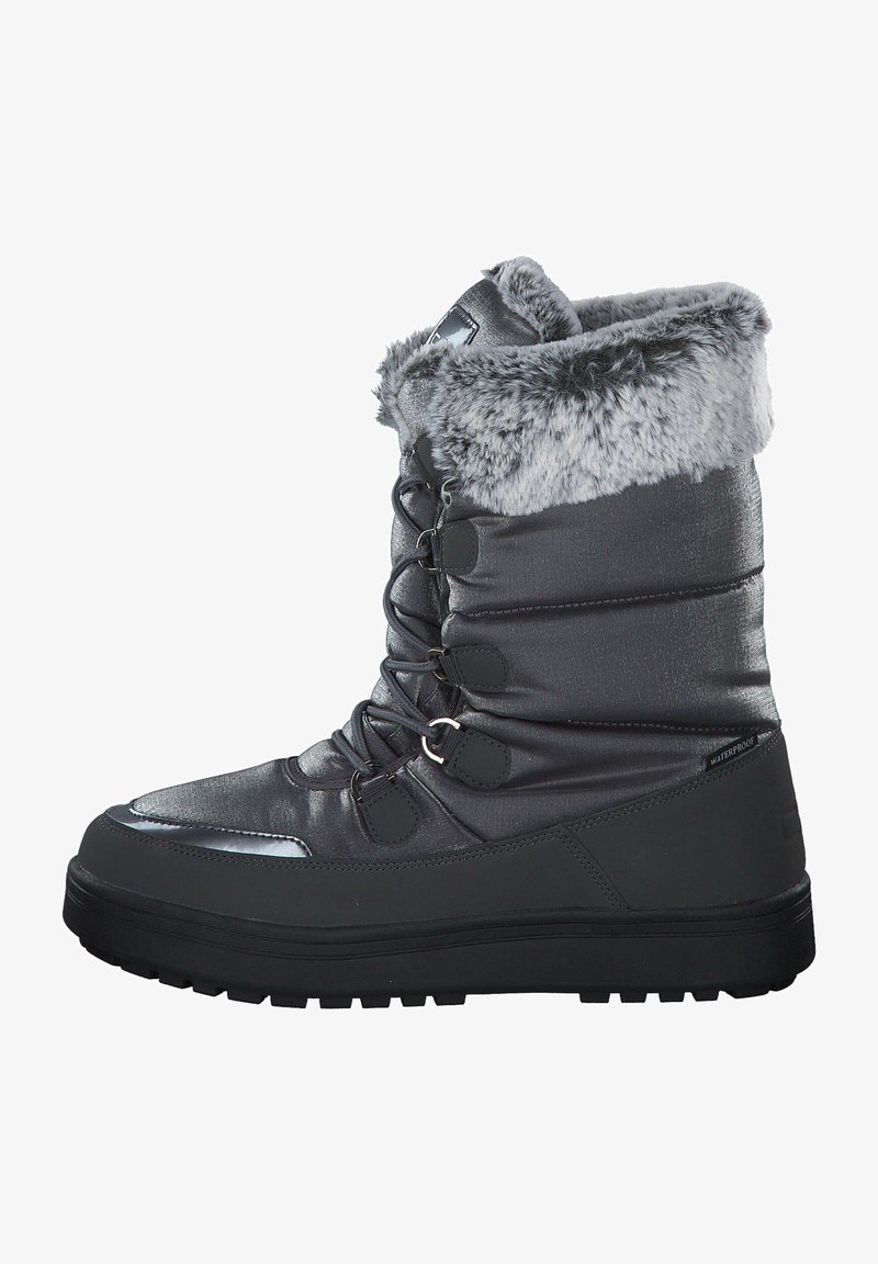 Schwarzer wasserdichter Winterstiefel mit einer strukturierten, glänzenden Oberseite und einem Kunstfellkragen. Verfügt über ein sicheres Schnürdesign und eine robuste, profilierte Sohle.