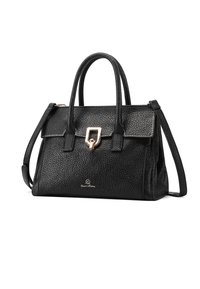 Borsa a mano in pelle nera con superficie texturizzata, design strutturato, doppio manico superiore, tracolla rimovibile e dettaglio in oro.