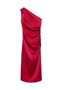 Asymmetrical one-shoulder red dress made of smooth fabric, featuring side ruching and a fitted silhouette that falls to knee length.