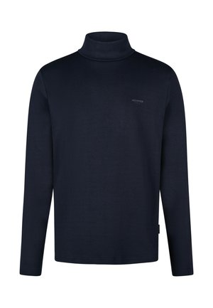Maglia a collo alto blu navy a maniche lunghe con un piccolo logo sul petto in alto a sinistra e orlo dritto.