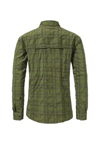 Grünes karierte Flanellhemd mit Knopfkragen, langen Ärmeln und einer Gesäßtasche. Strukturierte Stoff mit dunklen Linien, die ein Muster bilden.