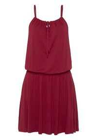 Bezrukávové vínové šaty vyrobené z měkké látky. Mají nabranou podprsenku a elastický pas pro pohodlné nošení. Lehkou a splývavou sukni.