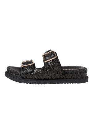 Black woven slide sandal featuring two adjustable straps with gold buckles, a textured upper, and a lightweight black rubber sole.