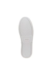 Witte rubberen sneakerzool met een zigzagloopvlak. "GUESS" logo gedrukt nabij de hak. Soepele textuur, afgeronde te ontwerp.
