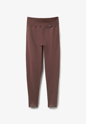 Braune Leggings mit einem breiten, gerippten Bündchen und glatter Oberfläche. Das Design ist eng anliegend, ohne sichtbare Verschlüsse oder Muster.