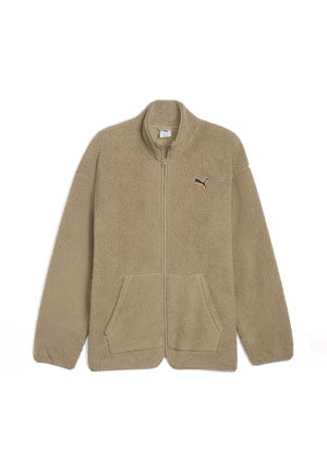 Beige fleece zip-up jas met twee voorzakken en een hoge kraag. Heeft een klein zwart logo op de linkerkant van de borst. Zachte, gestructureerde stof.