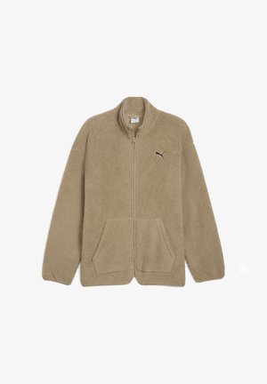 Karamelli fliisist zip-up jakk kahe eesmise taskuga ja kõrge kraega. Vasakul rinnal on väike must logo. Pehme, tekstuuriga kangas.
