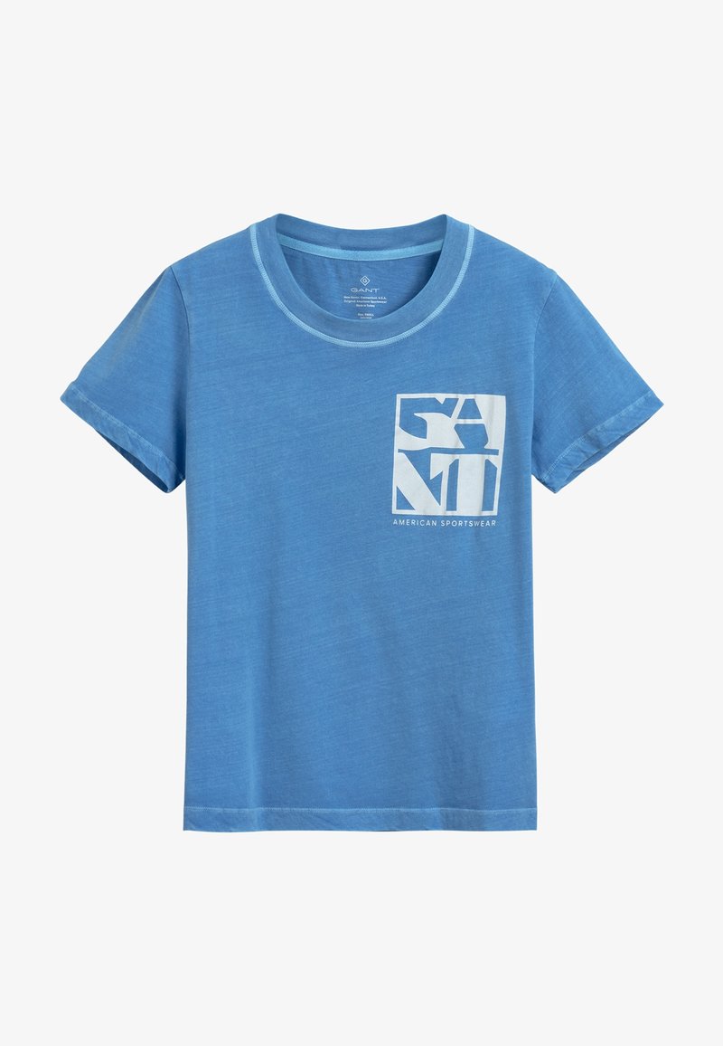Blauwe katoenen t-shirt met een ronde hals en korte mouwen. De voorkant heeft een witte grafische afbeelding in een vierkant met "GANT" en "AMERICAN SPORTSWEAR."