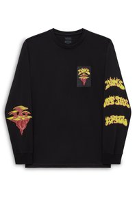Schwarzes Langarm-T-Shirt mit grafischem Pocket-Design und gelb/rotem Pilzmotiv auf dem linken Ärmel. Weicher Stoff.