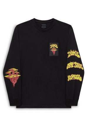 T-shirt a maniche lunghe nera con un design grafico sulla tasca e un'opera d'arte di funghi gialli/rossi sulla manica sinistra. Tessuto morbido.