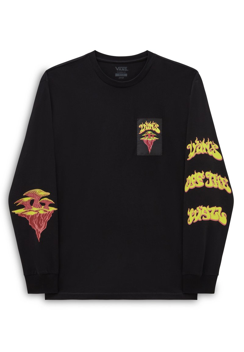Schwarzes Langarm-T-Shirt mit grafischem Pocket-Design und gelb/rotem Pilzmotiv auf dem linken Ärmel. Weicher Stoff.