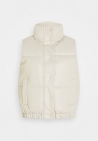 Beige ärmlös pufferväst med hög krage, tryckknappar, två sidofickor och en rynkad nederkant. Slät, matt yta.