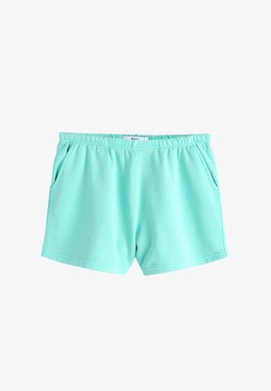 Světle tyrkysové šortky s pružným pasem a bočními kapsami, vyrobené z měkké látky, položeny na bílém pozadí.