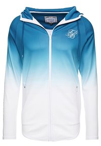 Blå gradient lynlås-hættejakke med hvide detaljer. Fremstillet med blød tekstur, to sidelommer og et broderet logo på brystet.