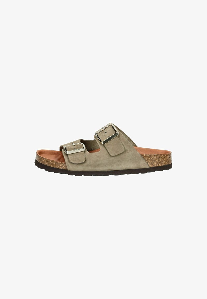 Grijze suede slidesandalen met twee verstelbare metalen gespen, kurken voetbed en een gestructureerde zwarte rubbere zool.