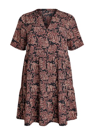 Kurzes schwarzes Kleid mit rosa Paisley-Muster, kurzen Ärmeln, V-Ausschnitt und gerafftem Taillendetail.