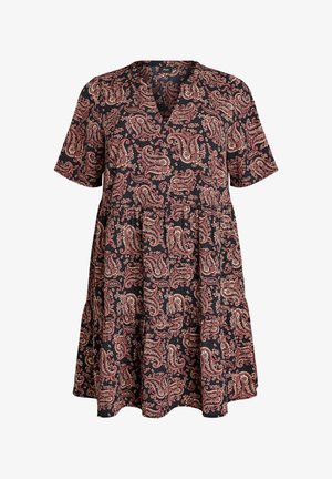 Kratka črna obleka z rožnatim paisley vzorcem, kratkimi rokavi, V-izrezom in detajlom nabranega pasu.