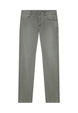 Vaqueros grises de pierna recta con bolsillos delanteros y traseros, trabillas para cinturón, y cierre de botón y cremallera.