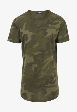 Olive green t-shirt with a camouflage pattern, short sleeves, round neck, and soft cotton material. Casual fit and smooth texture.