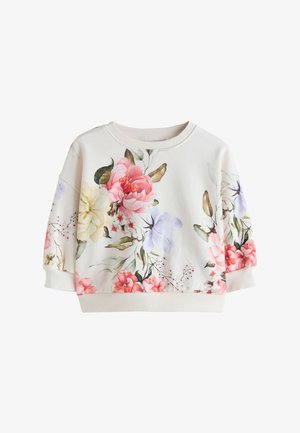 Floraler Sweatshirt aus weichem, cremefarbenem Stoff mit rosa, lila und gelben Blumen sowie grünen Blättern, mit gerippten Bündchen und Halsausschnitt.
