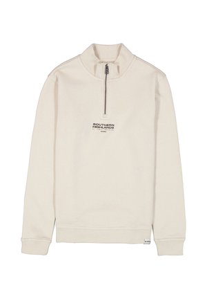 Beiger Langarmpullover mit Viertelreißverschluss und "Southern Highlands" Text in der vorderen Mitte, mit gerippten Bündchen und Saum.