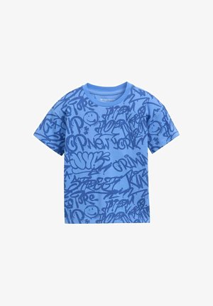 Blaues T-Shirt mit einem grafischen Druck verschiedener Street-Art-Stile und Smiley-Gesichtern in dunkleren Blautönen, aus Baumwollmaterial gefertigt.
