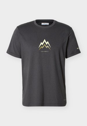 Dark gray short-sleeve Columbia t-shirt with metallic mountain logo and "Columbia" text centered on front.