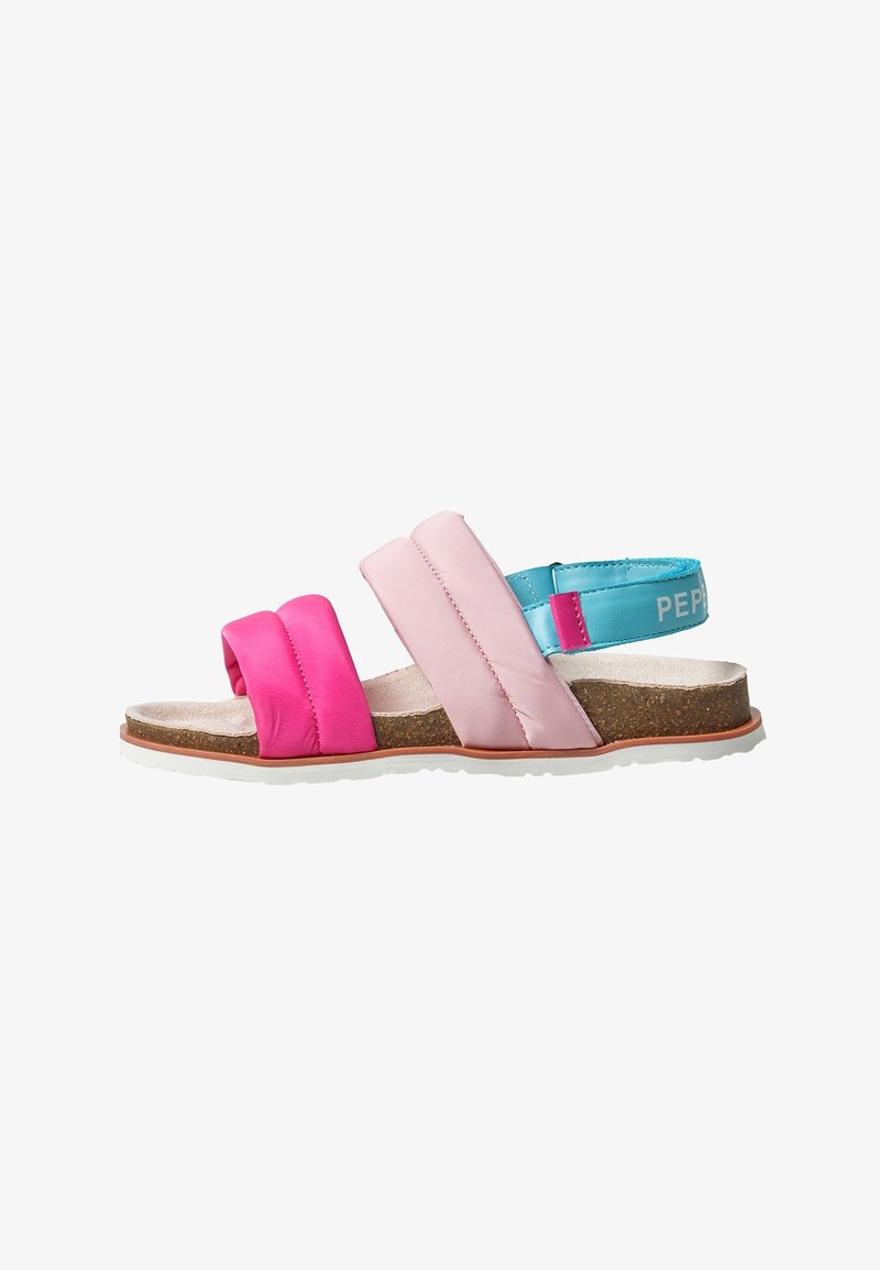 Rosa und fuchsiafarbene Sandalen mit Riemchen und Korksohle, ausgestattet mit einem blauen Akzentriemen und einer glatten Textur, die für den Freizeitgebrauch entworfen wurden.