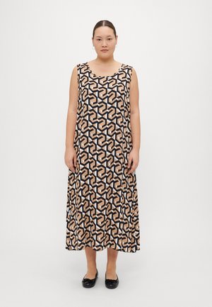 Sleeveless maxi dress in a geometric pattern of beige, black, and white. Made of smooth fabric with a relaxed fit and scoop neckline.