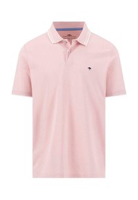 Vaaleanpunainen polopaita, joka on valmistettu kestävästä puuvillasta. Siinä on klassinen kaulus, kolmen napin aukko ja pieni tummansininen logo rintakehässä.