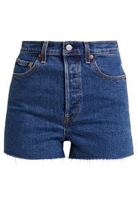 Tummat siniset korkeavyötäröiset denim-shortsit, joissa on rispaantunut helma, oranssit tikkaukset, kuparinväriset metalliosat ja perinteinen viiden taskun muotoilu.