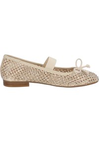 Bailarinas beige con un empeine decorativo de cuentas, suela plana y detalle de lazo. Presentan una cinta elástica para un ajuste seguro.